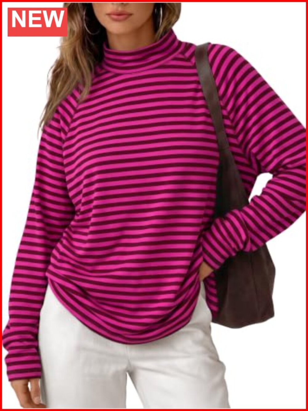 Striped Long Sleeve Mock Neck T Shirt Cotton Blend Oversized Top